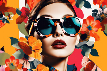 juicy and bright image of a beautiful model in glasses, advertising eyeglass frames on a background of bright colors. Generative AI
