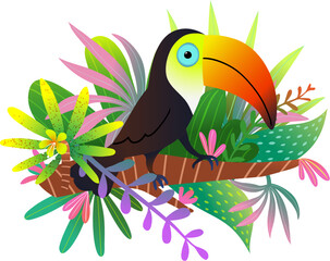 A colorful hand-drawn clipart of a toucan with exotic leaves in jungle nature. Bird character illustration in vibrant colors, hand drawn design. Vector illustration modern design. © Popmarleo