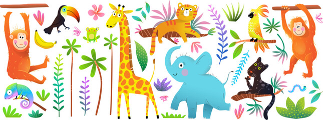 Fototapeta na wymiar Cute Animals and Jungle Forest Nature elements clipart. Exotic colorful illustrations for kids, elephant, monkey, giraffe, tiger and toucan . Hand drawn vector animals clip art collection for children