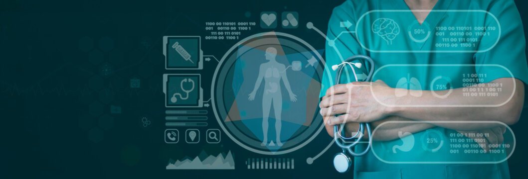 Digital healthcare technology, system analysis network connection hologram virtual screen interface, online medical examination analysis report, General Medical Services, and  family doctors