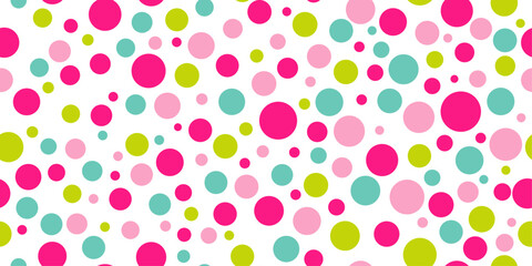 Colorful dots are circles scattered all over the background. Seamless vector wallpaper. For print, surfaces, packaging, pillows, interior.