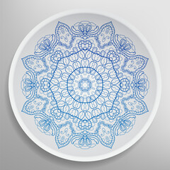 Decorative plate with round ornament in ethnic style. Mandala circular abstract geometric floral pattern. Fashion background with ornate dish. Interior home decor, vector illustration