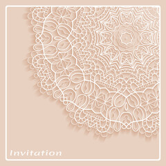 Lace Invitation Card template with mandala element. Doodle line pattern. Decorative openwork filigree art background for Wedding, Valentine's day greeting card, Birthday Invitation