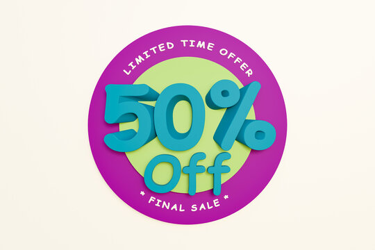 50% off, sale and retail marketing. Sale, promotion, fifty percent discount, shopping event and special offer sign. Retail, online store and shopping activity to safe money. 3D illustration