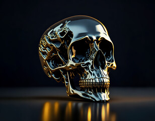 Decorative 3d human skull object with metallic finish illustration. AI generative design.