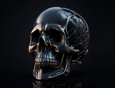 Decorative 3d human skull object with metallic finish illustration. AI generative design.