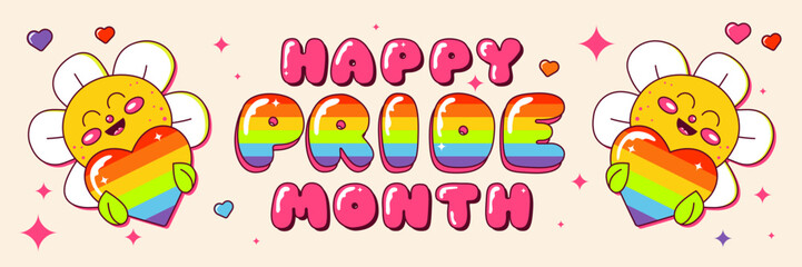 LGBTQ Pride Month Banner Design with Pride Flag word Illustration Elements, flowers and hearts, trendy cartoon style. LGBTQ+ Rainbow Flag Word Banner. Vector illustration.  