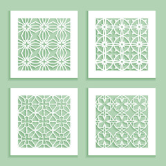 Templates for laser cutting, plotter cutting, printing. Square line patterns set. Geometric design cut out of paper. Mandala Islamic die cut ornament. Fretwork panels, cutout silhouette stencils