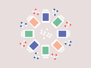 Top view of pills, tablets and capsules with white pill bottles on bright background. Assorted pharmaceutical medicine concept. 