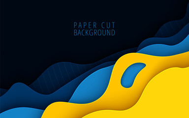 Multi layers yellow navy wavy texture 3D papercut layers in gradient vector banner. Abstract paper cut art background design for website template. Topography map concept or smooth origami paper cut