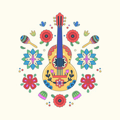 Cinco de Mayo celebration. Mexican holiday. Colorful vector illustration with decorated guitars and maracas in flowers and leaves on light background. Fiesta design for greeting card, t-short, poster
