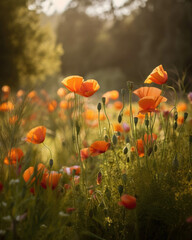 Obraz premium Poppies strewn throughout the field dancing in the gentle breeze Abandoned landscape. AI generation.