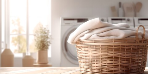 Basket with clean towels on counter top in home bathroom, generative ai