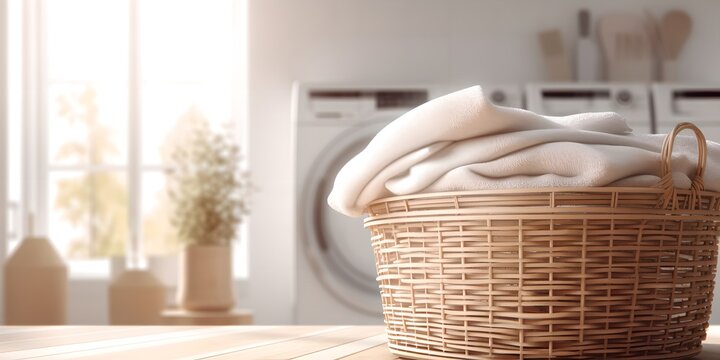 Basket with clean towels on counter top in home bathroom, generative ai