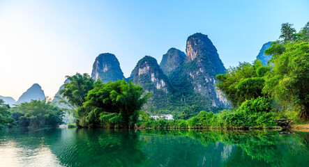 Landscape of Guilin, Li River and Karst mountains. Located near Yangshuo, Guilin, Guangxi, China.