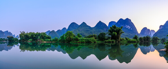 Landscape of Guilin, Li River and Karst mountains. Located near Yangshuo, Guilin, Guangxi, China. - obrazy, fototapety, plakaty