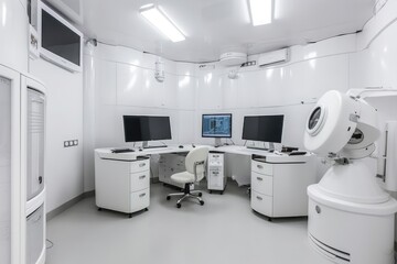 Operating room in a modern clinic with computer equipment, high-tech, sterile, futuristic, medical