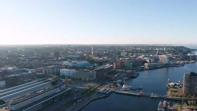 Aerial view of the Port of Kiel (Hafen), Hauptbahnhof and the city center. Kiel, Schleswig-Holstein, Germany