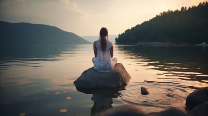 Beautiful yoga woman meeting sun, sitting on stone in Lotus pose. Breathing exercises and meditation at mountain lake