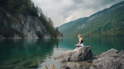 Beautiful yoga woman meeting sun, sitting on stone in Lotus pose. Breathing exercises and meditation at mountain lake