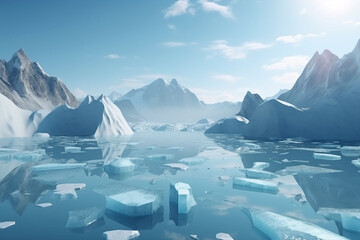 Fototapeta na wymiar Cracked Ice Floe Pieces With Big Mountains Behind Background, Global Warming And Environmental Conditions 3D Illustration Render, Made Using Generative Ai