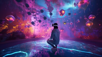 Young Creative Female Wearing a Virtual Reality Headset at Home. Woman Enters Digital Internet 3D Universe with Avatars. Next Generation Immersive Social Media Online Metaverse Platform