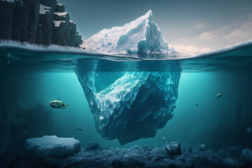 Iceberg in ocean, underwater risk, dark hidden threat or danger concept, iceberg with its visible and underwater or submerged parts floating in the blue ocean, generated ai