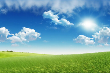 Fototapeta na wymiar Beautiful grassy field nature landscape background panorama with blooming glade, trees, hills and blue sky on a sunny day, generative ai