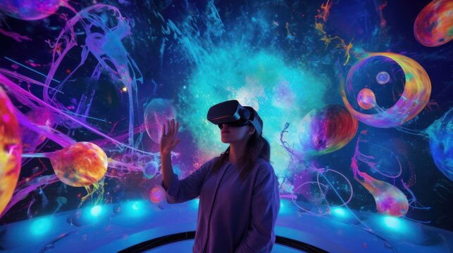 Young Creative Female Wearing A Virtual Reality Headset At Home. Woman Enters Digital Internet 3D Universe With Avatars. Next Generation Immersive Social Media Online Metaverse Platform