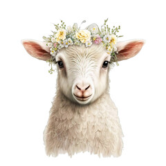Watercolor lovely cute baby sheep with flower crown Clipart Transparent Background, PNG Generative AI