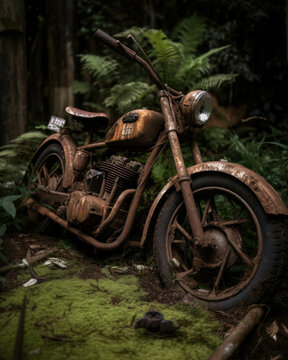 old rusty chopper long forgotten now taken over by wild plants. Abandoned landscape. AI generation.