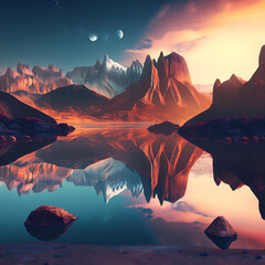 3d render, fantasy landscape panorama with mountains reflecting in the water. Abstract background. Spiritual zen wallpaper with skyline
Created using generative AI