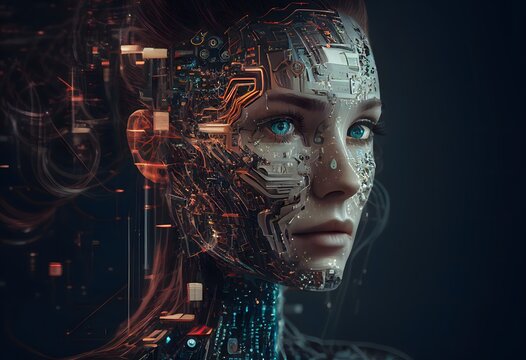 Portrait of a female cyborg robot,digital illustration generative AI