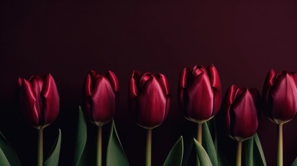 Beautiful composition spring flowers. Bouquet of burgundy tulips flowers on burgundy background. Valentine's Day, Easter, Birthday, Happy Women's Day, Mother's Day. Flat lay, top view, copy space
