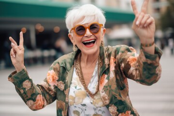Happy stylish mature older adult woman dressed in vibrant, fashionable clothes and trendy sunglasses. Smiling stylish middle aged lady enjoying resting, joy of retirement, age is just a number concept