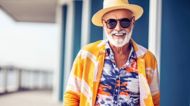 Happy Stylish Mature Older Adult Senior Man, Dressed In Vibrant, Fashionable Clothes Sunglasses. Smiling Stylish Middle Aged Senior Enjoying Resting, Joy Of Retirement, Age Is Just A Number Concept