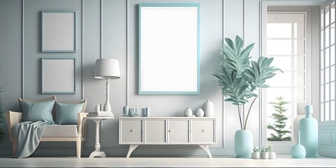 Bedroom interior background with mockup frame,digital illustration generative AI