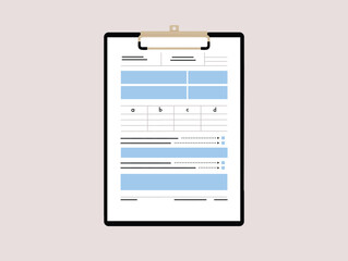 Clipboard with a tax form, a document template. Vector illustration clipboard on brown background.