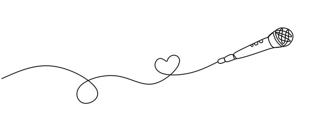 Fototapeta premium One Continuous line drawing wired microphone with heart in microphone wire on white background. Creative minimal design. Vector illustration 