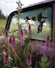 Wild grasses and purple foxglove have overtaken a brokendown armored truck the vibrant foliage visible through Abandoned landscape. AI generation.