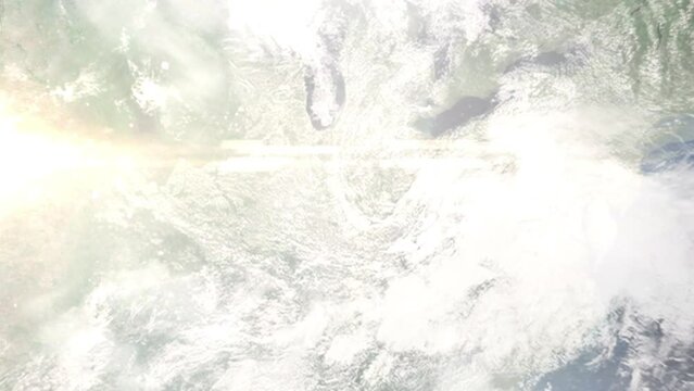 Earth zoom in from outer space to city. Zooming on Greenwood, Indiana, USA. The animation continues by zoom out through clouds and atmosphere into space. Images from NASA