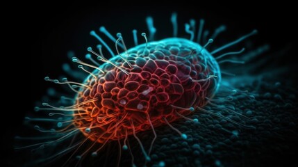 Virus closeup, Futuristic immunology web banner with glowing low polygonal virus and bacteria cells