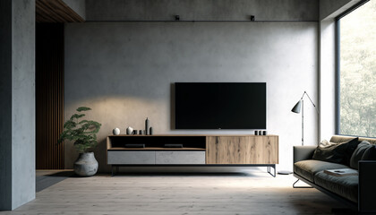 Gray concrete interior living room with sofa, console and TV, Generative AI