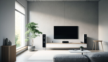 Fototapeta na wymiar Living room interior with TV console, sofa and decoration, gray concrete wall, Generative AI