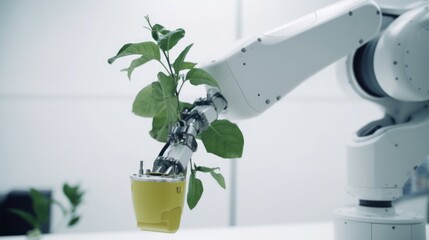 Robotic arm robot farmer working in a laboratory with fresh green plants, white background