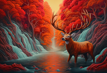 Male deer stag with large antlers standing in sacred forest waterfall stream, vigilant guardian spirit of the forest, autumn colors of amber orange and red leaves, surreal landscape - generative AI