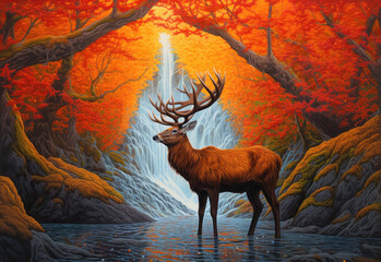 Male deer stag with large antlers standing in sacred forest waterfall stream, vigilant guardian spirit of the forest, autumn colors of amber orange and red leaves, surreal landscape - generative AI