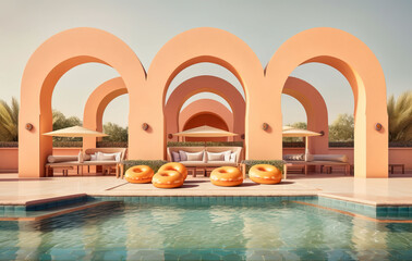 Obraz na płótnie Canvas luxury swimming pool with giant donuts laying in the sun created with Generative AI technology