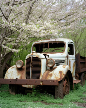 A rusty jeep is ly visible beneath the canopy of a flowering dogwood tree its branches reaching down to cover its Abandoned landscape. AI generation.
