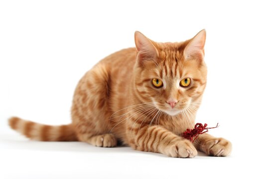 A playful, action shot of a cat capturing and chewing on a toy or snack, showcasing the feline's natural hunting instincts and the joy it finds in playtime, on white background.
